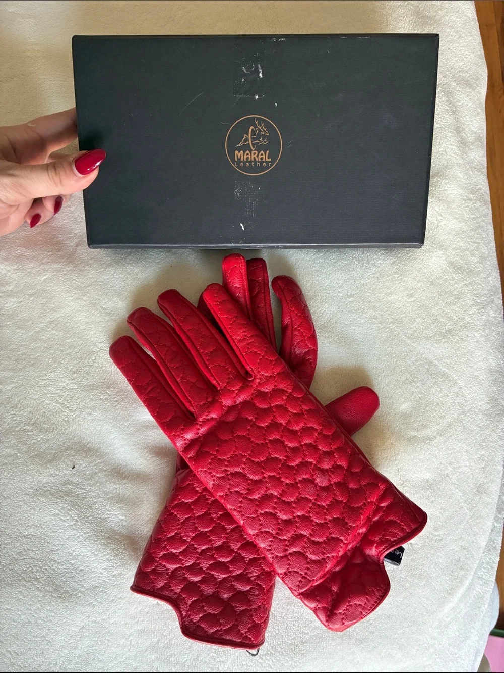Red Quilted Leather Gloves for Women